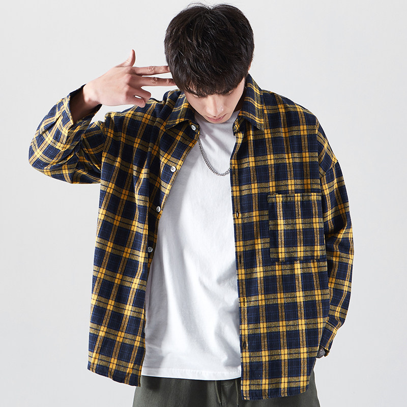 Plaid shirt men's tide brand street hip-hop loose long-sleeved shirt trend couple jacket ins super hot top