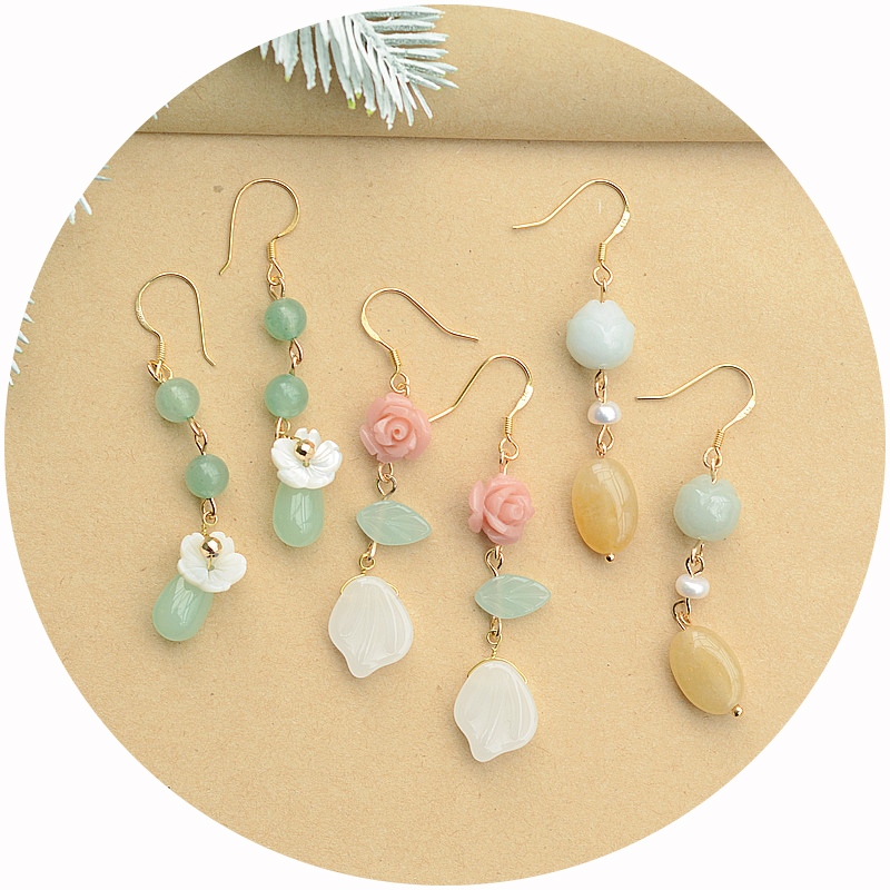 Vintage Floral Elegant Earrings Women's Long Edition Jade Pearl Earrings Hook Earrings Minimalist Personalized Net Red Earrings