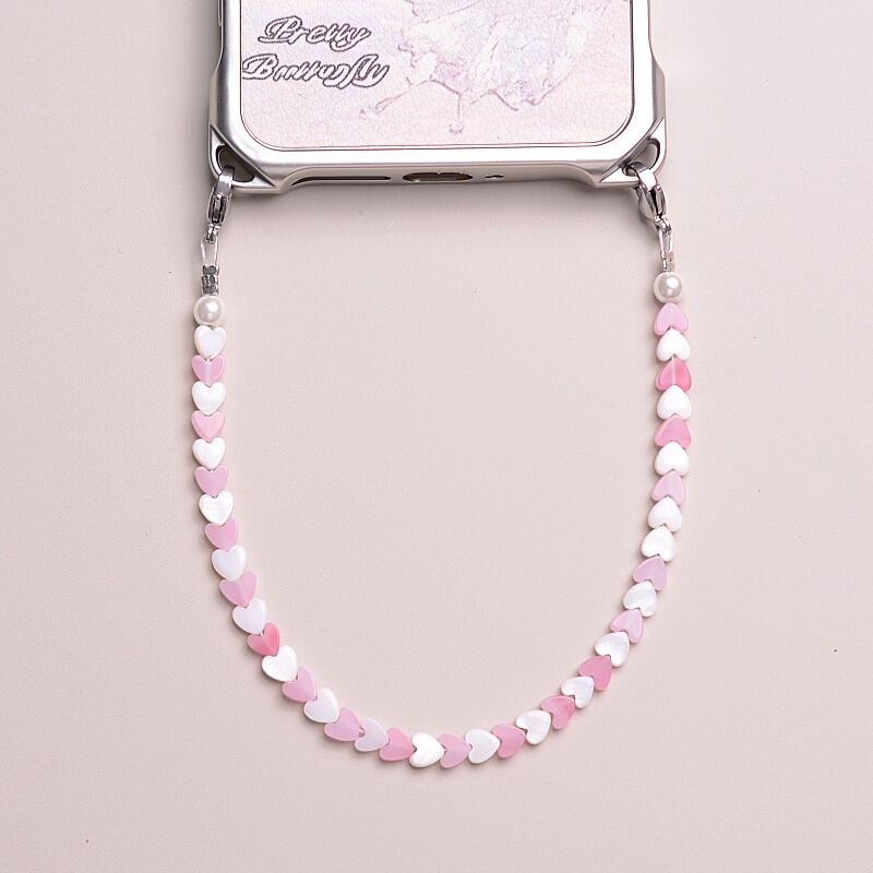 Natural White Mother-Of-Pearl Heart-Shaped Phone Chain Lanyard with Pink Glass Pearl Shell Double Buckle for Women, Bag Keychain Pendant Natural White Mother-Of-Pearl Heart-Shaped Phone Chain Lanyard with Pink Glass Pearl Shell Double Buckle for Women, Bag Keychain Pendant
