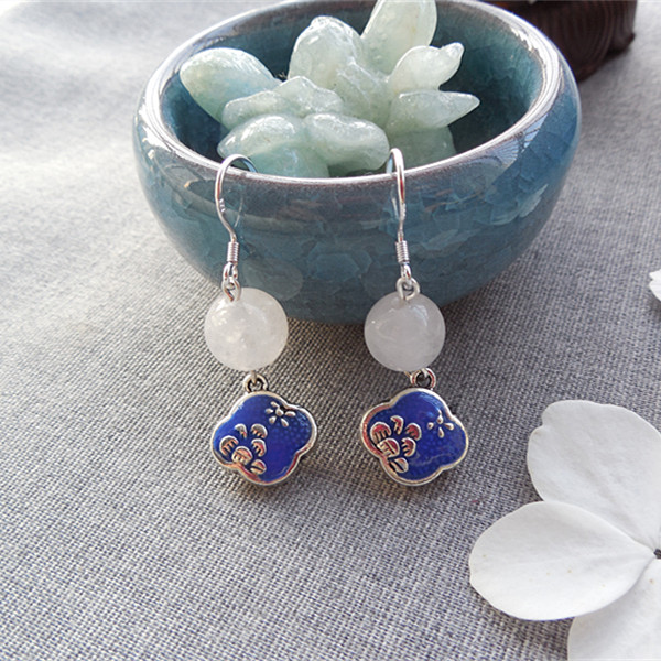 Handmade Original Ethnic Wind Earrings Fashion Earrings China Wind Earrings Classic Temperament Blue White Jade Retro Accessories