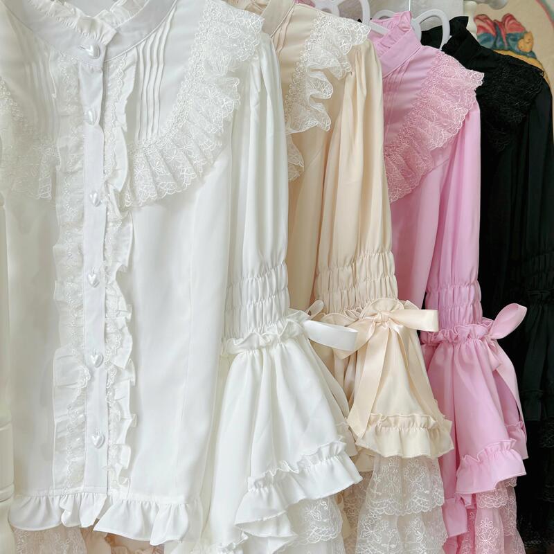 Original Chiffon Retro Bell-Sleeve Lolita Lace Ornate Large Puff Sleeve Long-Sleeve Shirt for Layering