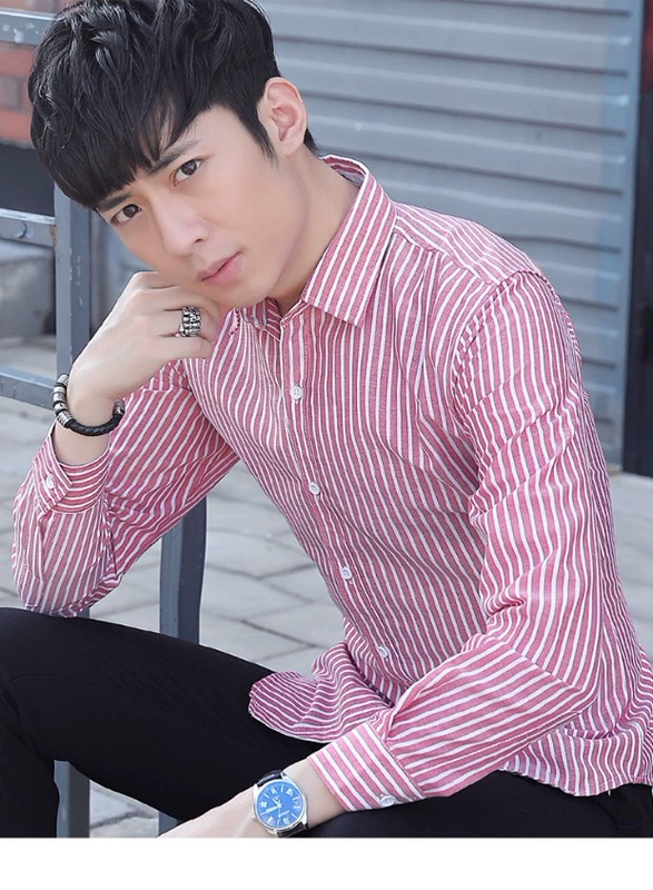 Áo sơ mi nam sọc dài tay 2018 mùa thu mới phiên bản Hàn Quốc của người đẹp thanh lịch giản dị áo sơ mi nam inch áo thủy triều