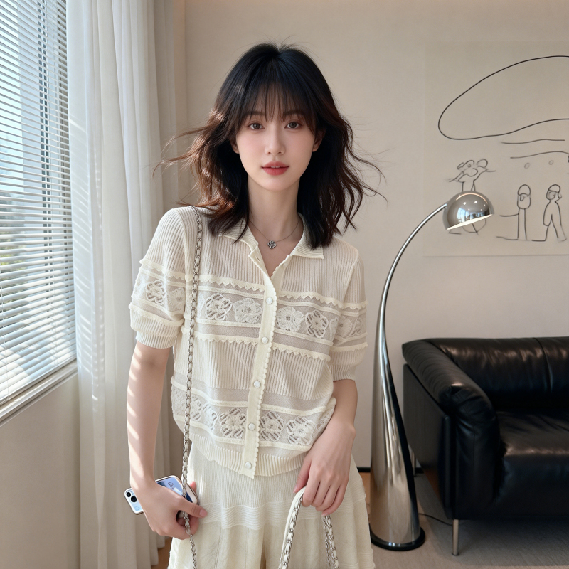 [High-End Version] Lace Jacquard Hollow-Out Semi-Sheer Short-Sleeve Knit Cardigan 2026 Summer New Style Gentle and Elegant Top