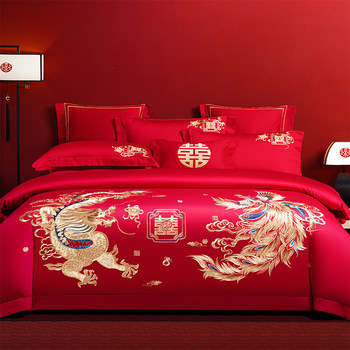 Red dragon and phoenix wedding four-piece set