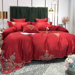 High -end luxury European -style satin all -cotton wedding four -piece large red cotton sheet embroidered wedding bed supplies
