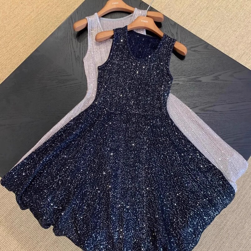 Italian Bc Sequin Shimmer Sleeveless Knit Tank Dress U-Neck Elegant Slimming A-Line Midi Skirt Umbrella Skirt Summer Italian Bc Sequin Shimmer Sleeveless Knit Tank Dress U-Neck Elegant Slimming A-Line Midi Skirt Umbrella Skirt Summer
