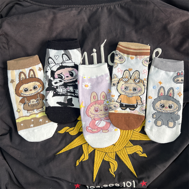  5-Pair Pack of Short Socks for Women, Anime Cartoon Cotton Doll Head Design, Low-Cut Socks, Trendy Chinese Style Socks