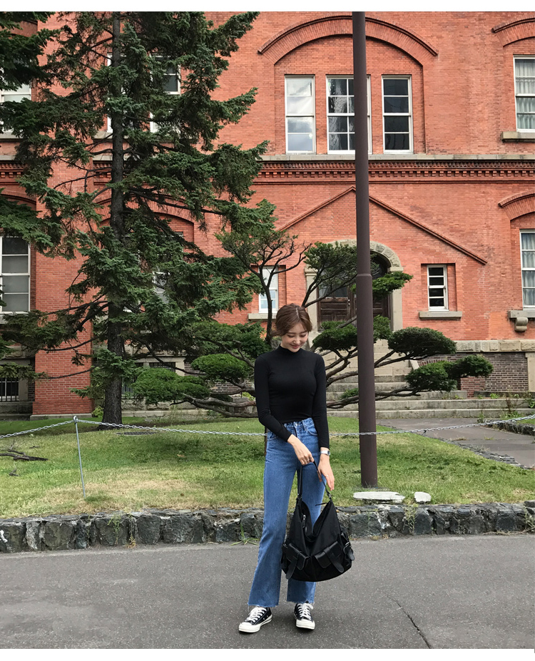 Áo thun cotton dài tay nữ nửa cổ thon gọn Cơ thể bó sát bên trong chiếc áo cổ lọ màu đen hoang dã Áo sơ mi nữ đầu xuân - Cộng với kích thước quần áo áo khoác nữ form rộng
