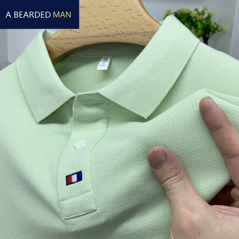 Premium Polo Shirt with Side Slits for Men, Short-Sleeve Cotton T-Shirt, Solid Color Turn-Down Collar, Trendy Brand Embroidered T-Shirt