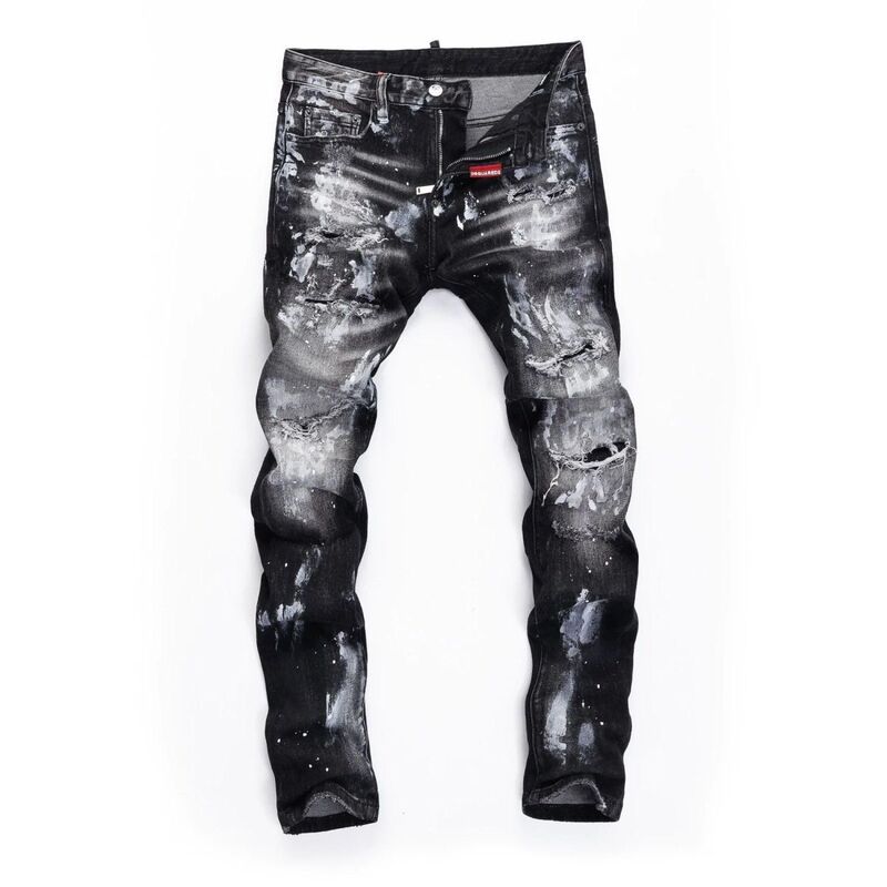 Light Luxury D2 High-End European and American Trendy Brand Jeans for Men, Black with Ink Splatter, Ripped and Patched, Slim Fit, Stylish and Handsome