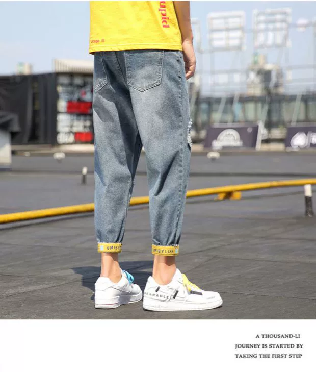 Quần jeans nam 9 điểm mùa hè Phiên bản Hàn Quốc của quần tây tự tu quần Quần nam 9 điểm giản dị tất cả quần rách quần nam - Quần jean