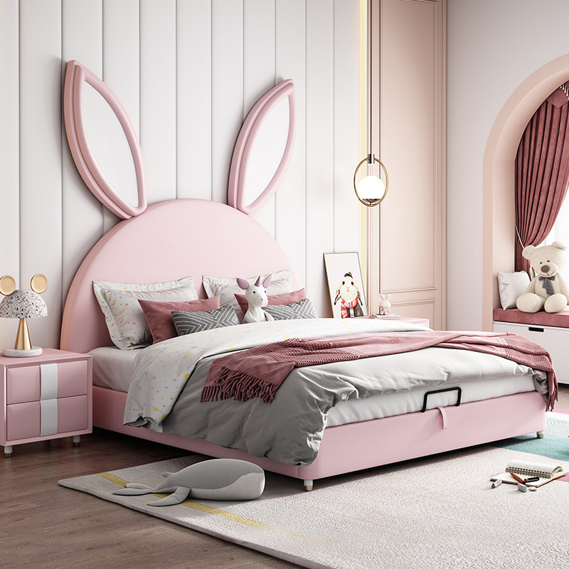 Kids Girl Princess Sheets Men Solid Wood 1.2m 1.5 Storage Pink Rabbit Net Red Girl Ins Leather Bed