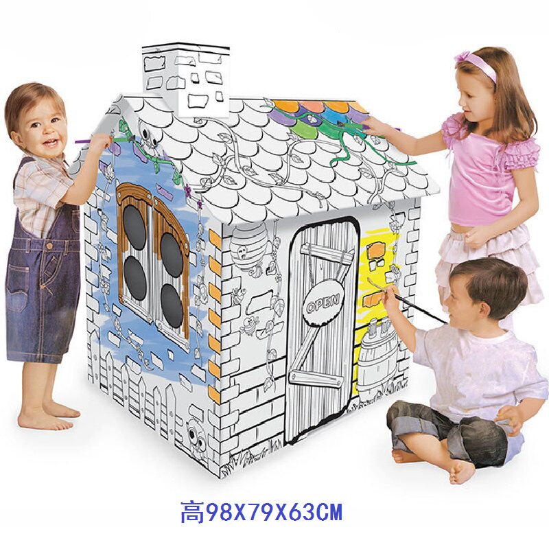 Super large three-dimensional hand-painted house model DIY children's coloring graffiti paper house spelling and inserting toy house to send 6 color watercolor pens