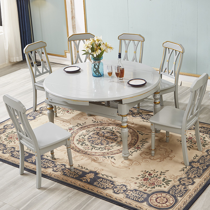 American solid wood dining table and chairs combined modern minimalist grey square-purpose folding table telescopic small family type round table-Taobao