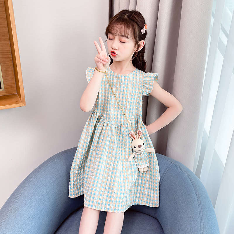 Girl Skirt Summer Dress Foreign Pie Children 2022 New Plaid Dress Summer Girl Han Version Thin Princess Dress