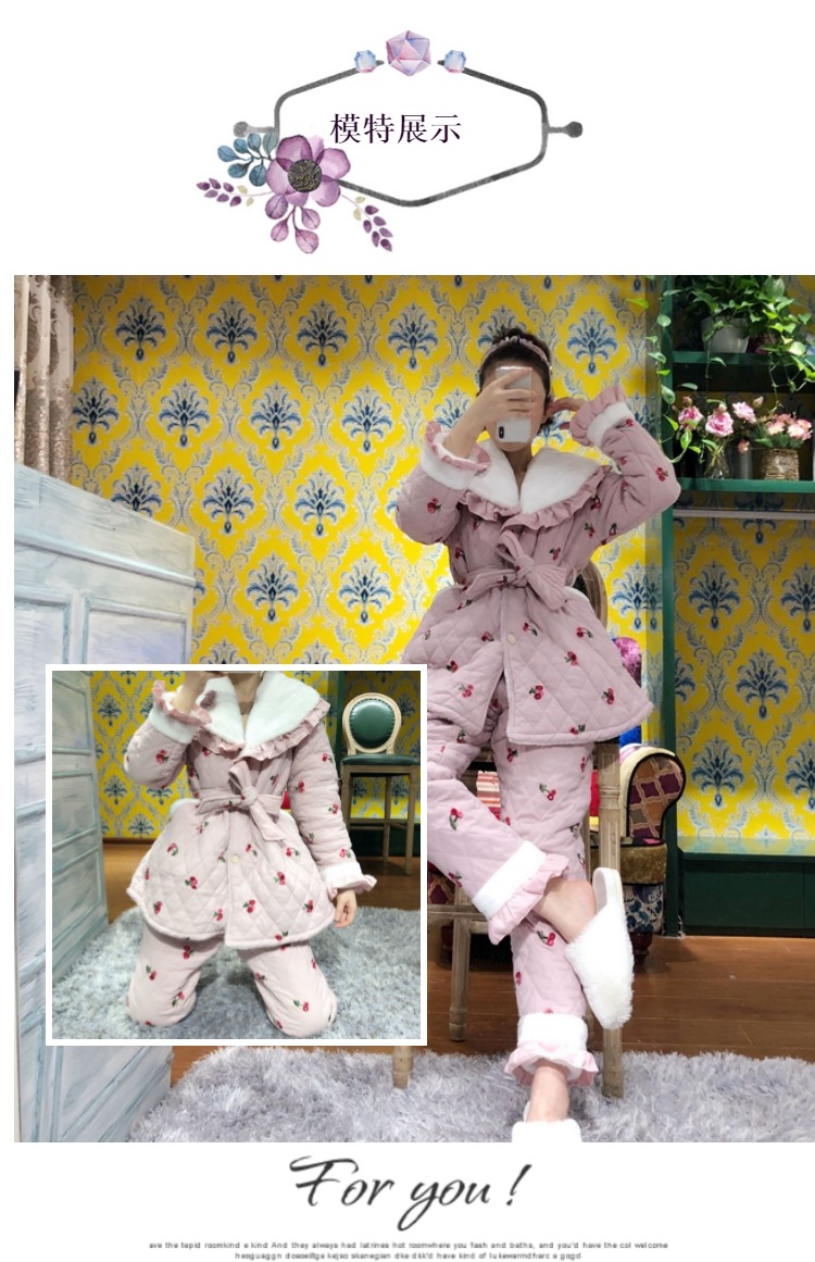 Mùa đông ba lớp đồ ngủ chần bông nữ dài cotton sanded thêu anh đào vành đai thời trang nhà dịch vụ phù hợp shop đồ nữ