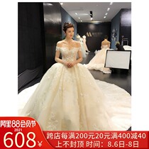 Word shoulder wedding dress 2021 new main yarn court pregnant woman large size V-neck long tail bridal shake sound with the same