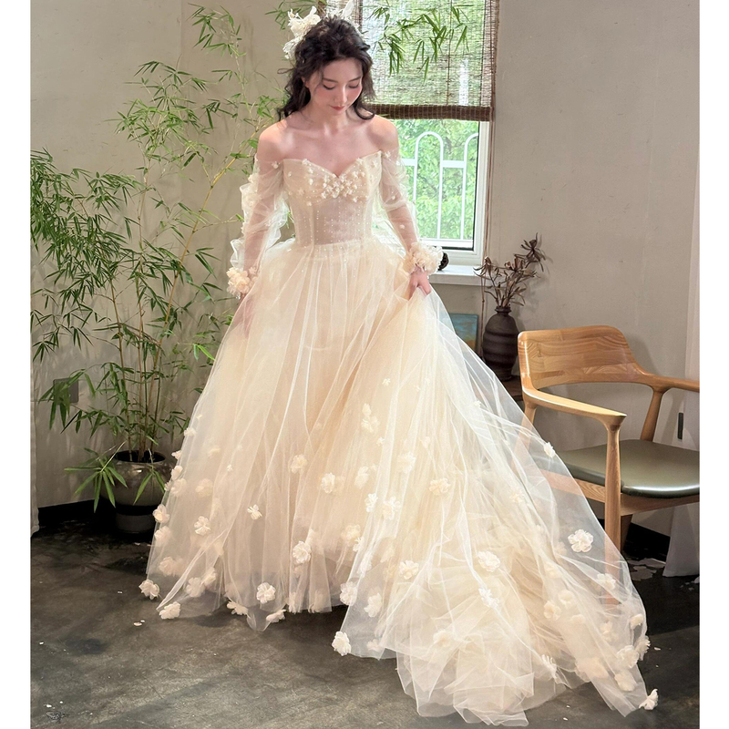 Floral Wedding Dress 2026 New Vintage Engagement Gown Light and Petite Long-Sleeve Morning Robe for Female Brides