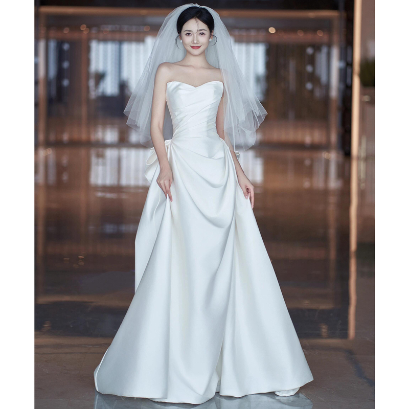 Satin Light Wedding Dress 2026 New Engagement Dress for Petite Women, Mermaid Morning Gown, Bride's Toast Dress Satin Light Wedding Dress 2026 New Engagement Dress for Petite Women, Mermaid Morning Gown, Bride's Toast Dress