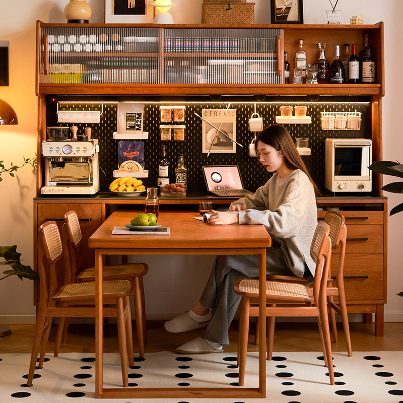 Cherry Wood High Dining Side Cabinet Embeddable Dining Table Integrated Cabinet Telescopic Leaning Wall Japan Style Solid Wood Living Room Lockers Small Family-Taobao