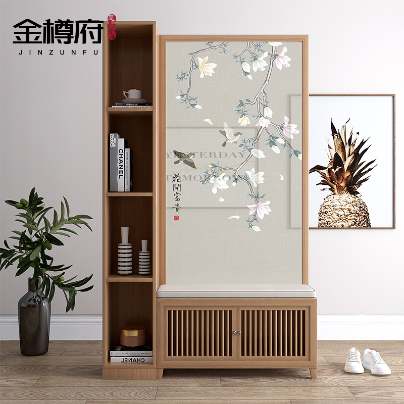 New Chinese screen partition living room entrance modern simple home solid wood seat screen to block home decoration shelf