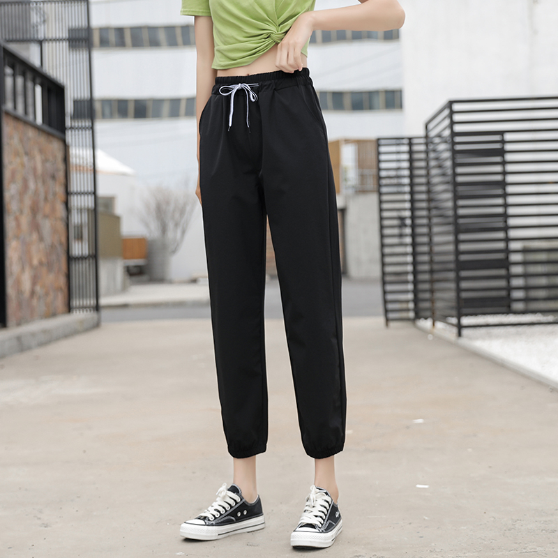 Black [Ice Fast Drying Pants, Cool And Breathable]leisure time trousers female summer Thin 2021 new pattern Show thin Versatile easy Tie one's feet Ice silk Quick drying motion Haren pants