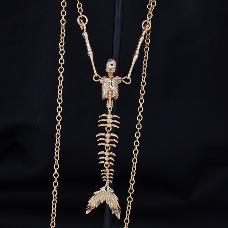 Nana Space - Personalized Minimalist Skull and Bone Mermaid Rock Metal Sweater Chain Necklace in Stock New