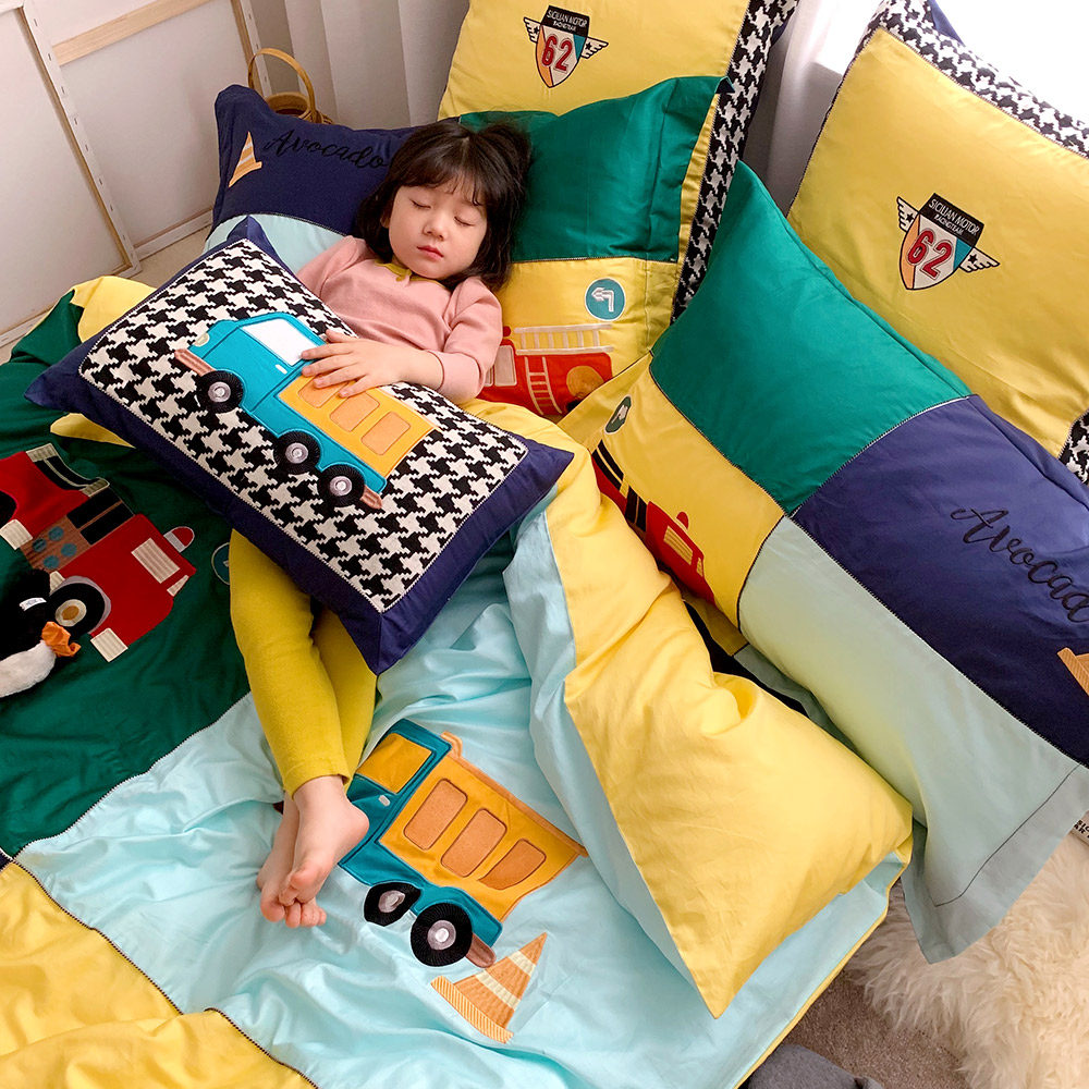 Plain children's four-piece set pure cotton cotton cartoon boys and girls cute quilt cover bunk bed sheets bedding