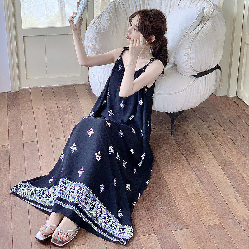 Japanese Gp Slimming Vacation Long Dress, Ankle-Length, with Built-In Chest Pads, Cotton Silk Dress, Extra-Long Vacation Dress