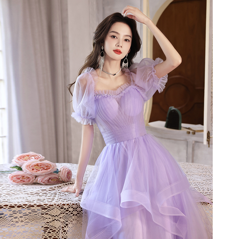 One-Shoulder Purple Gauze Evening Dress, High-End Birthday Party Host Adult Performance Dress, Mid-Length