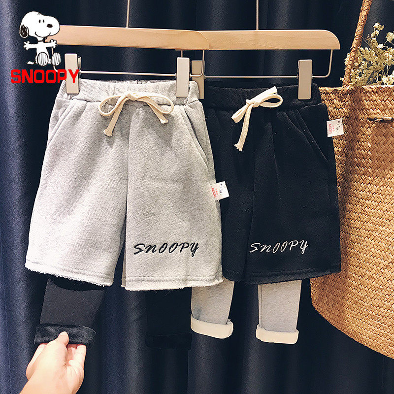 Snoopy SNOOPY baby fake two-piece pants boys and girls 2022 new winter clothing children's fleece casual pants