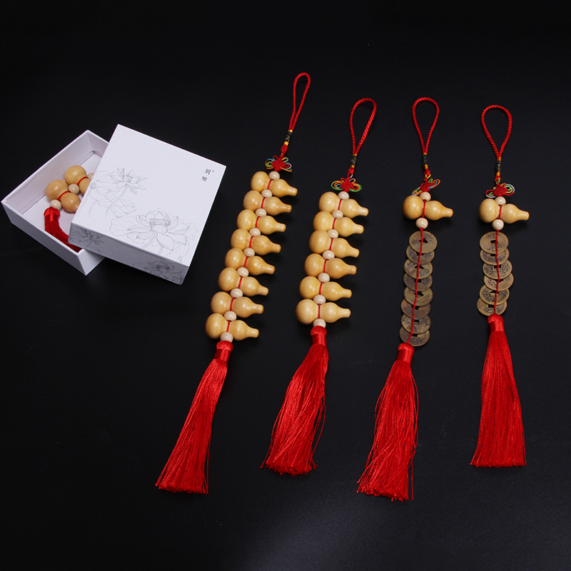 Small gourd string wooden characteristic Chinese knot pendant zhao cai na fu five emperor gift bao ping an copper coin hanging ornament