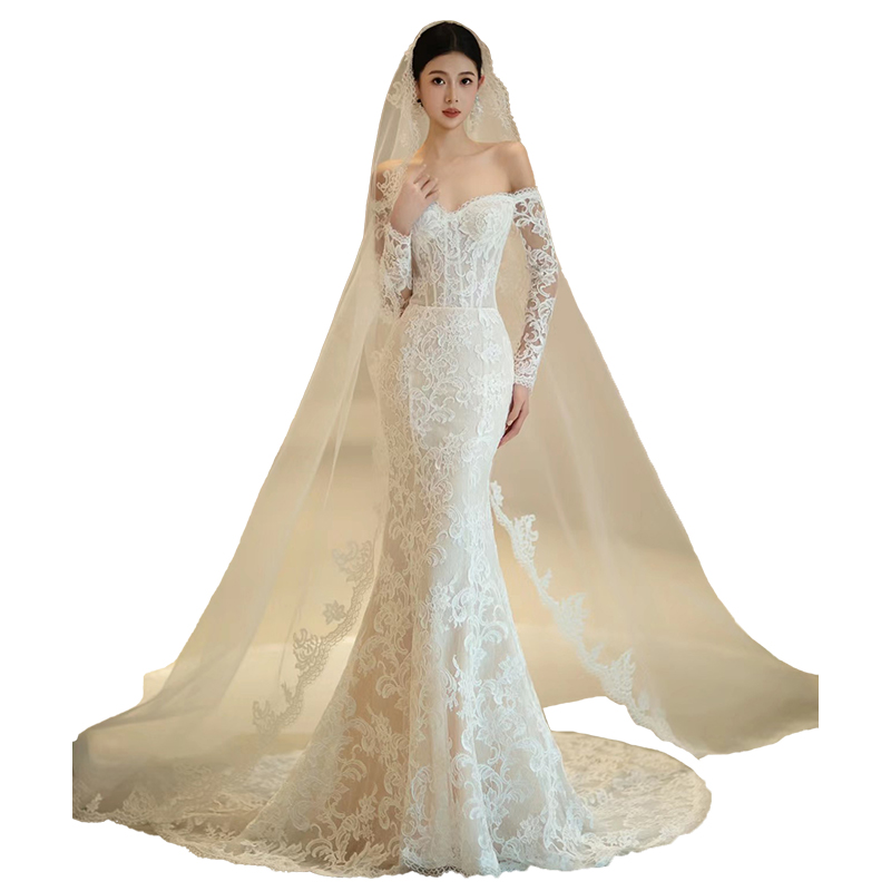 One word shoulder lace light wedding dress 2024 bride senior welcome long sleeves out door yarn One word shoulder lace light wedding dress 2024 bride senior welcome long sleeves out door yarn