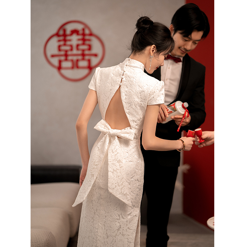 Improved cheongsam toast clothing bride temperament slim slim fishtail out gauze French high-end retro red dress