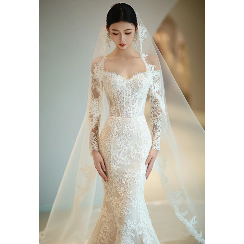 One word shoulder lace light wedding dress 2024 bride senior welcome long sleeves out door yarn One word shoulder lace light wedding dress 2024 bride senior welcome long sleeves out door yarn