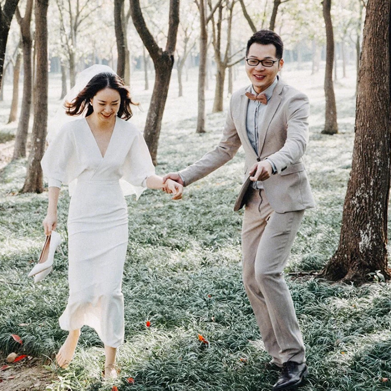 Han-style minimalist light wedding dress Mori department sweetness out yarn 2021 new sashimi Slim Outdoor Brigade Pat long sleeve dress