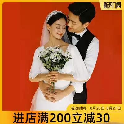 Light wedding dress V-neck mid-sleeve 2020 new forest super fairy French sexy fishtail out-of-the-way gauze travel shooting small children