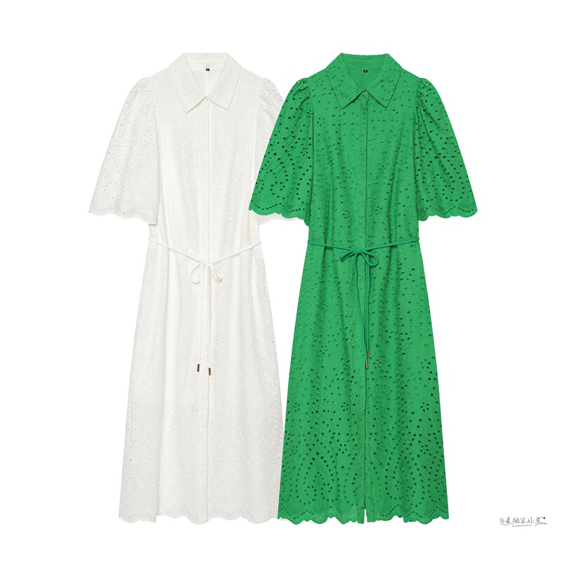 Summer New Style French Heavy Embroidery Hollow-Out Belt-Decorated Lapel Short-Sleeve Shirt Dress