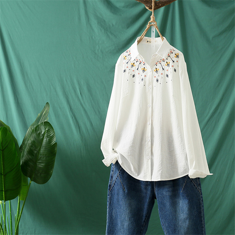 Large size women's cotton shirt women's 2021 spring and autumn new lapel embroidered women's white shirt literary fan fat mm tide