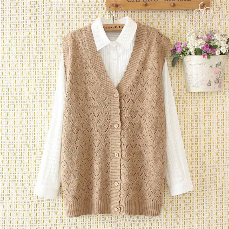 Middle-aged large-size women's openwork knitted vest 2021 spring new fat mother outfit Western-style wool cardigan vest