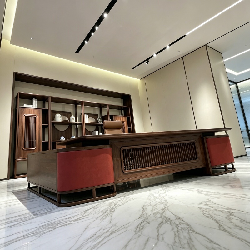 New Chinese-Style High-End Solid Wood Office Desk, Executive Desk, Bookcase Combination, President's Office, Black Walnut Executive Desk
