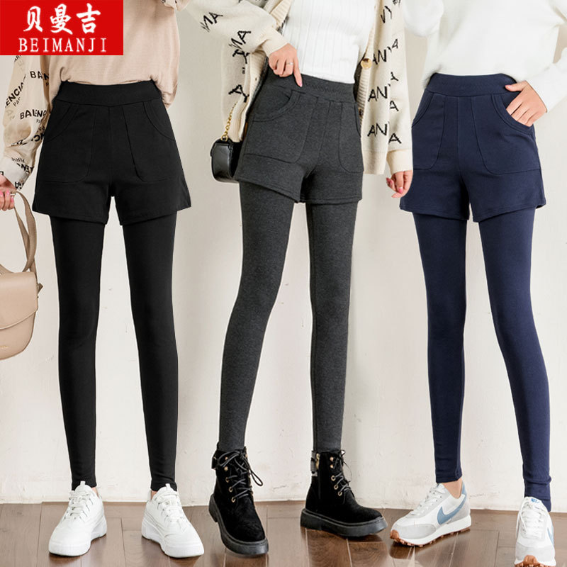 Fleece-Lined Thickened Faux Two-Piece Leggings for Women, High-Waisted Pure Cotton Shorts, Warm Cotton Pants for Spring, Autumn, and Winter, Thin and Stretchy for Slim Fit