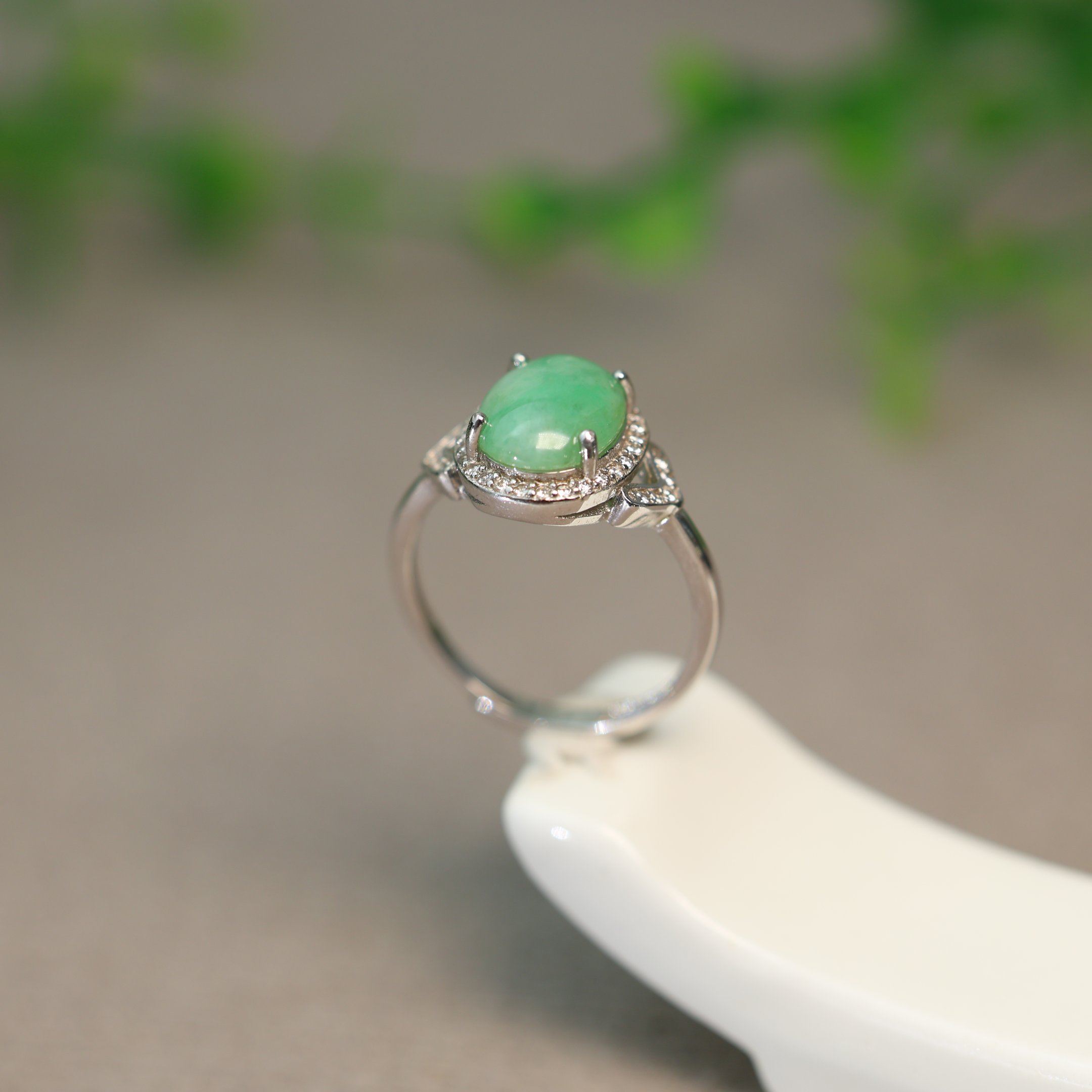 Burmese natural grade A jadeite oval cabochon ring