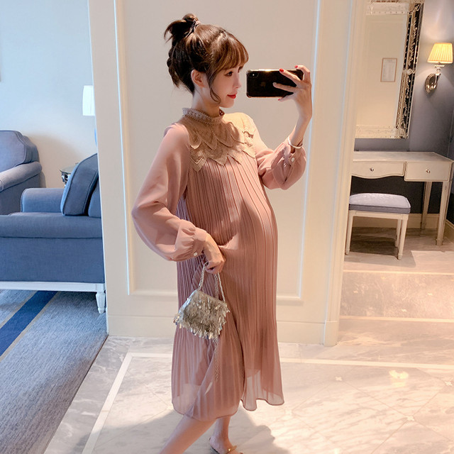 Pregnant women autumn dress Korean style loose fashion net red fairy go out long-sleeved chiffon dress spring and autumn