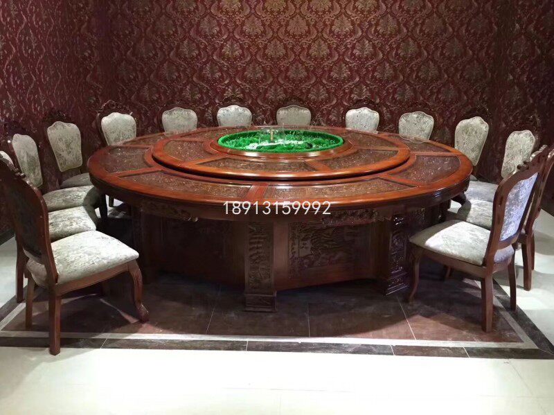 Hotel electric large round table 3 rice shop clubhouse Oak carved box Automatic music fountain 20 people dining table and chair