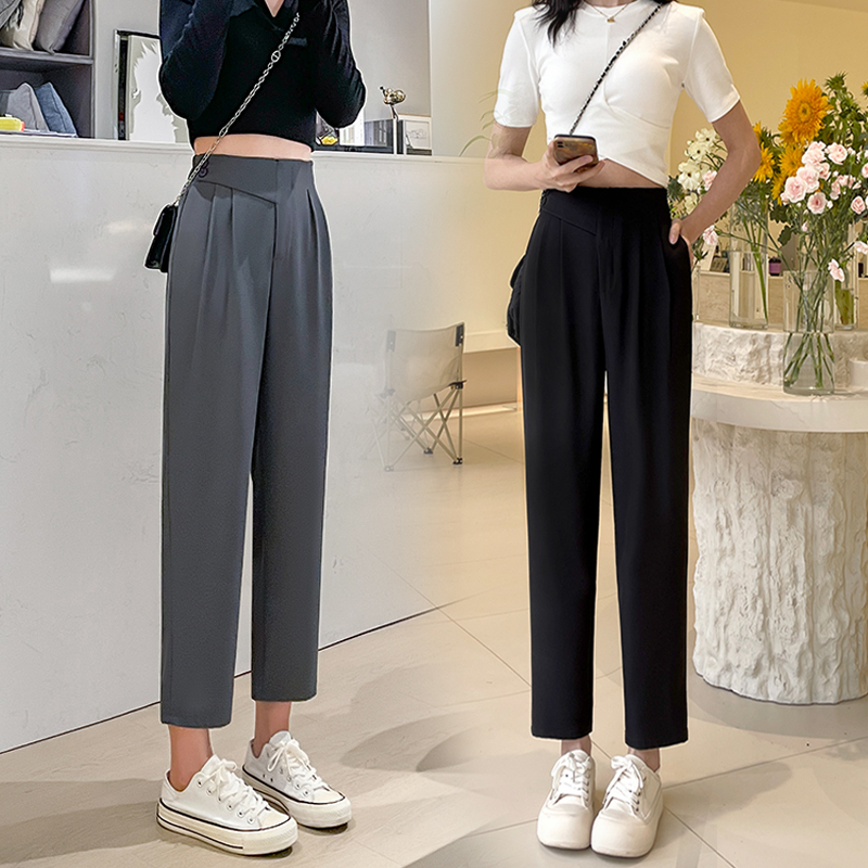 Summer Thin Casual Suit Pants for Women 2026 New Style Cropped Petite Ice Silk Eight-Point Cigarette Carrot Harem Pants