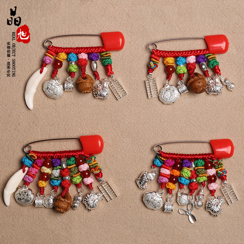 Baby pregnant woman Newborn baby Child Peach wood opening evil pin Brooch portable pressure shock Peach dog teeth Sterling silver pendant