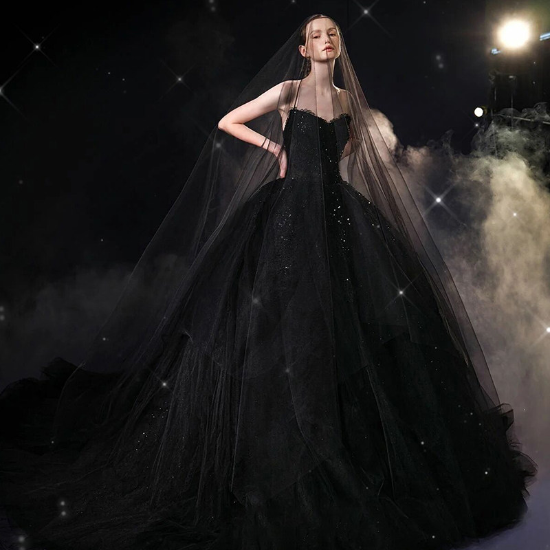 Black tube top main wedding dress annual meeting host tutu skirt light luxury niche high-end mesh large tail evening dress female