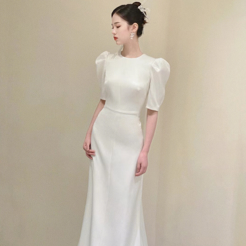 French fishtail light wedding dress bride high-quality temperament satin out gauze simple welcome gauze dress skirt small man