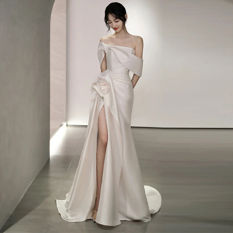 French satin word shoulder wedding dress white minimal temperament fishtail outdooryarn bride welcome evening dress